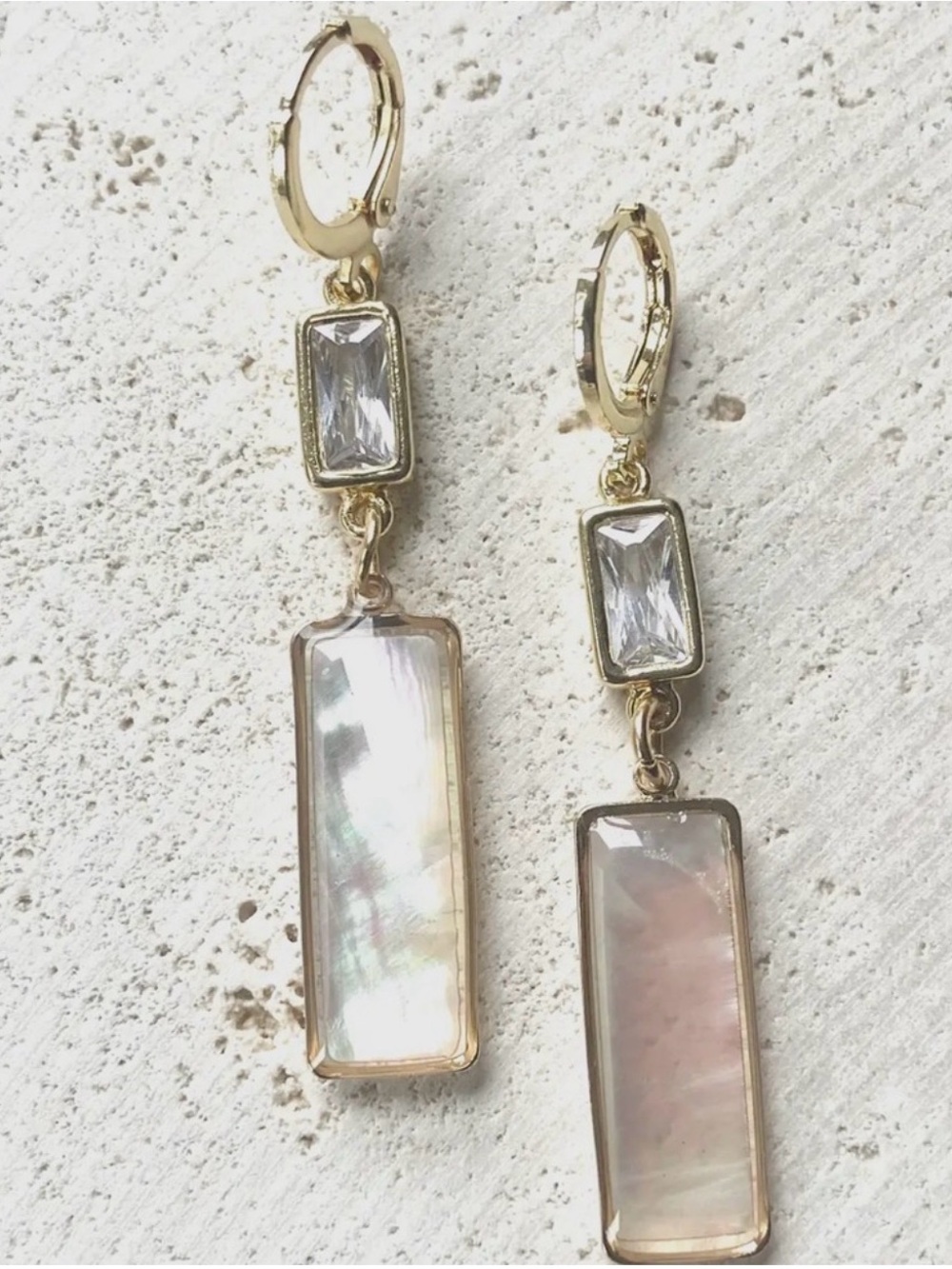Gold Filled Mother of Pearl Drop Earrings with Clear Crystal Accent